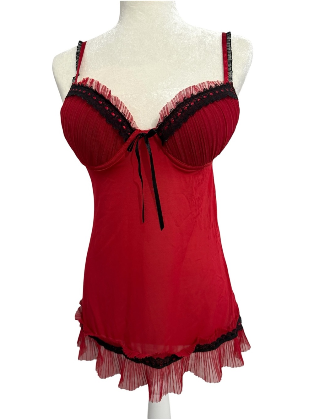 LA VIE EN ROSE Red Babydoll Slip Dress with Black Detail